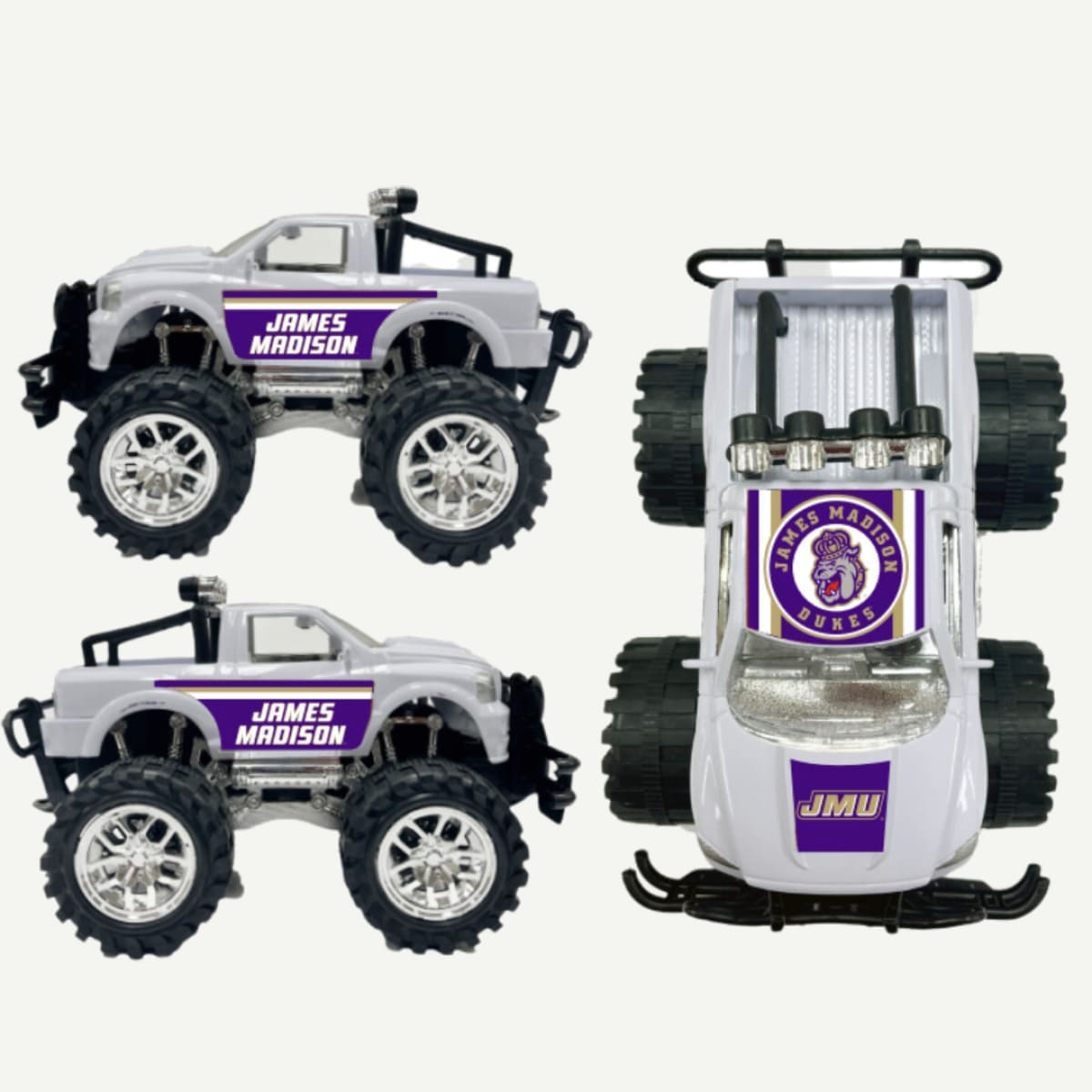 A white toy monster truck with bold JMU purple accents, oversized wheels, and the James Madison University Duke Dog logo, designed for kids, students, and fans.