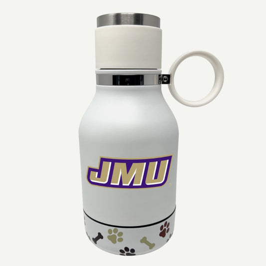 JMU Travel Bottle & Dog Bowl – Portable, leak-proof water bottle with a built-in bowl for pets on the go.