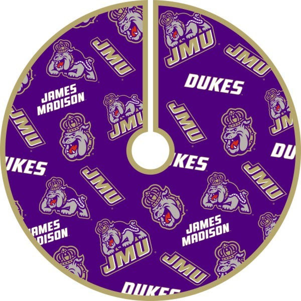 Purple tree skirt with James Madison Dukes logo and text