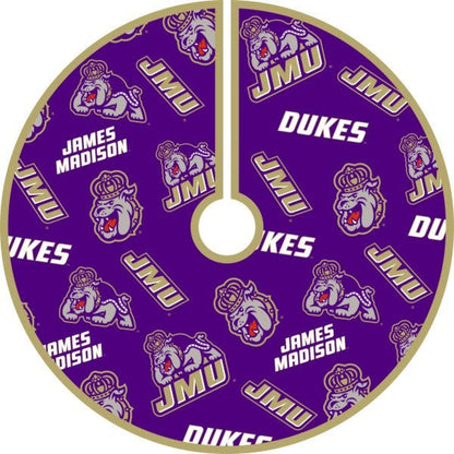 Purple tree skirt with James Madison Dukes logo and text