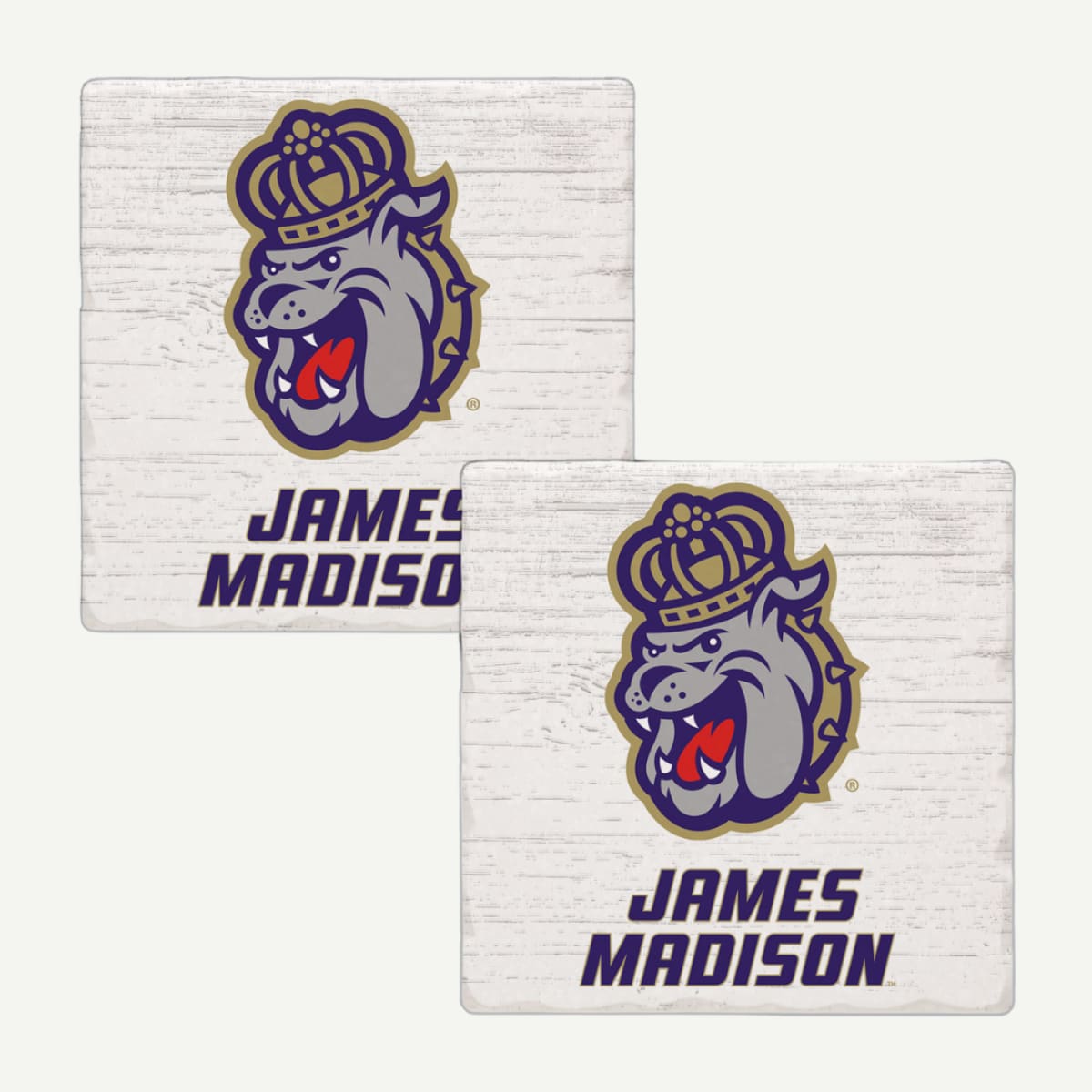 Rustic white JMU coasters with the Duke Dog and "James Madison" text.