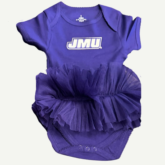 JMU Tutu Bodysuit in purple and gold with an adorable attached tutu skirt, perfect for newborns and infants, available in sizes 0-3 months, 3-6 months, 6-9 months, and 12 months.