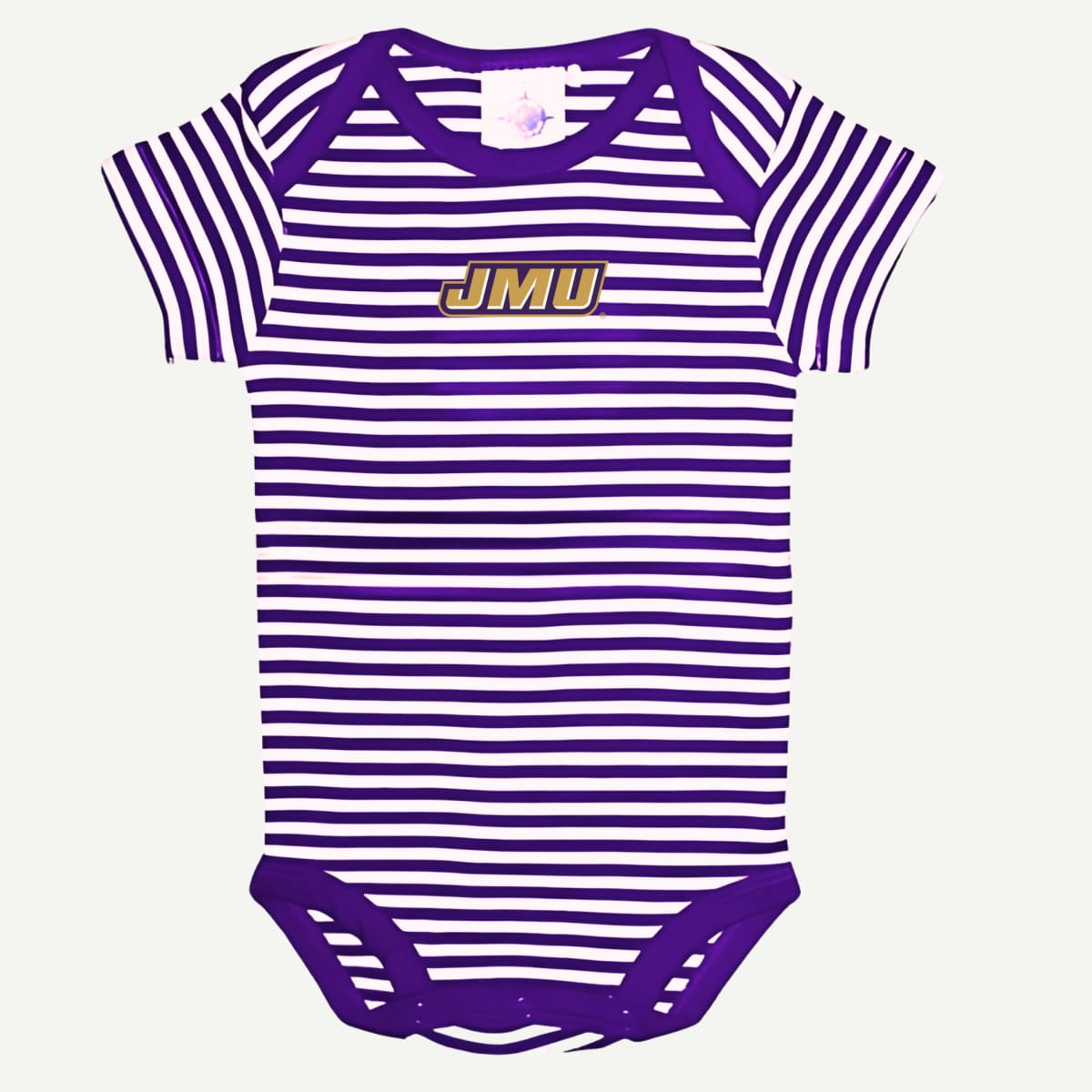 A unisex infant bodysuit with purple and white stripes, featuring an embroidered JMU logo on the chest.