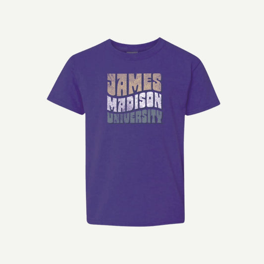 JMU Wavy Short Sleeve T-Shirt, vibrant purple, wavy 'James Madison University' graphic