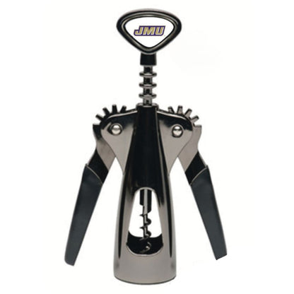 JMU Wine Opener – Sturdy metal corkscrew with black composite handles, featuring the JMU logo, perfect for home bars and tailgates.

