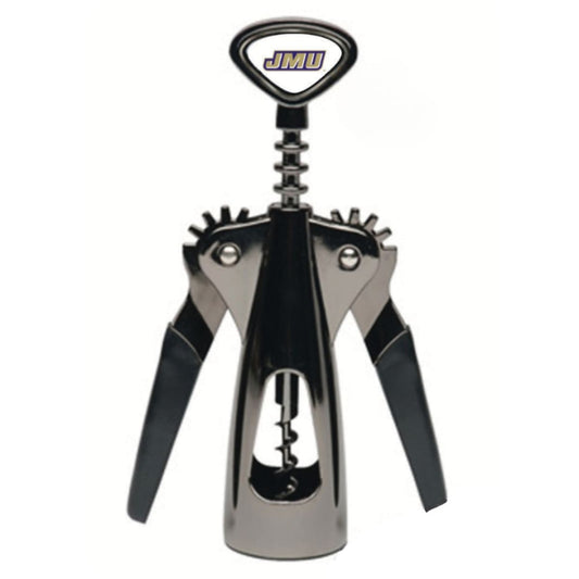 JMU Wine Opener – Sturdy metal corkscrew with black composite handles, featuring the JMU logo, perfect for home bars and tailgates.

