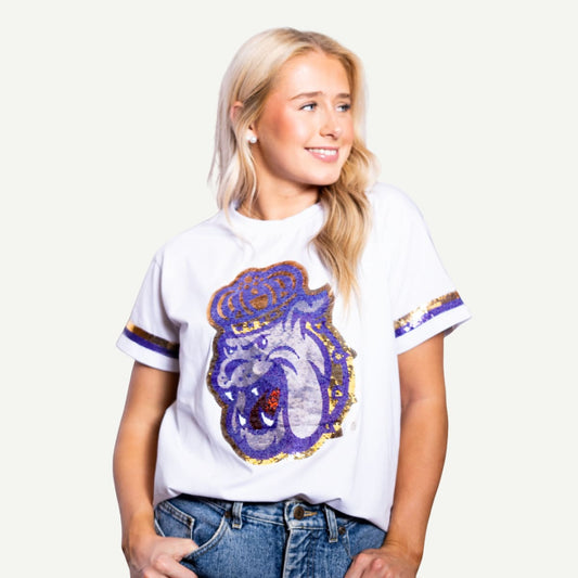 JMU Women’s Sequin Duke Dog Top – White Game Day Tee