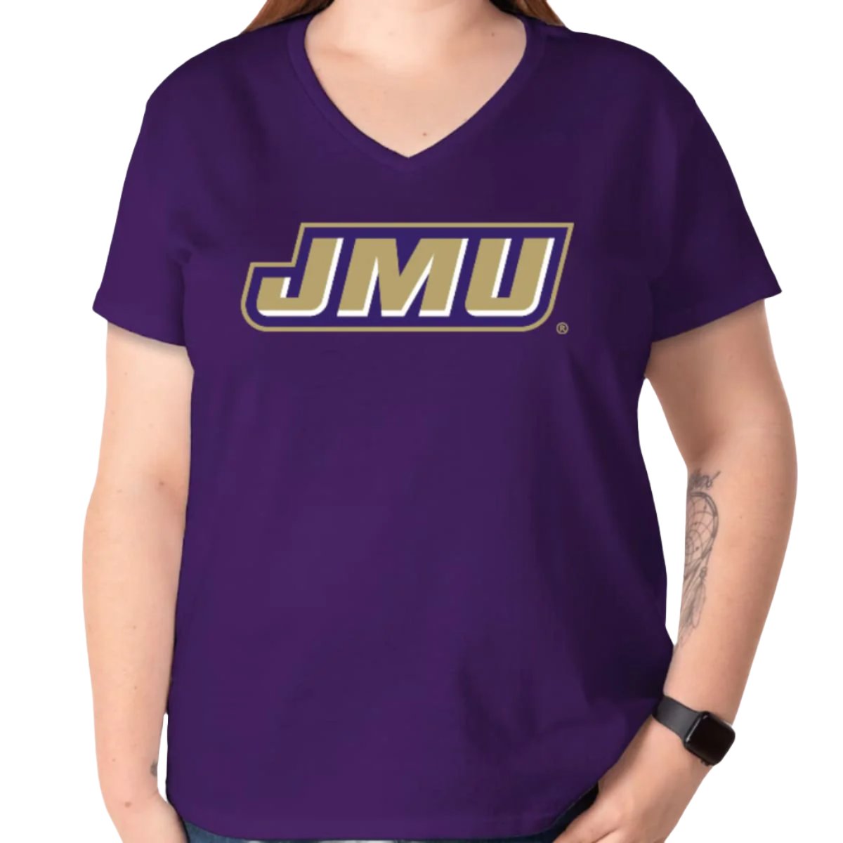 Close-up of Women's JMU V-Neck Tee, comfortable and stylish, perfect for game day or casual outings