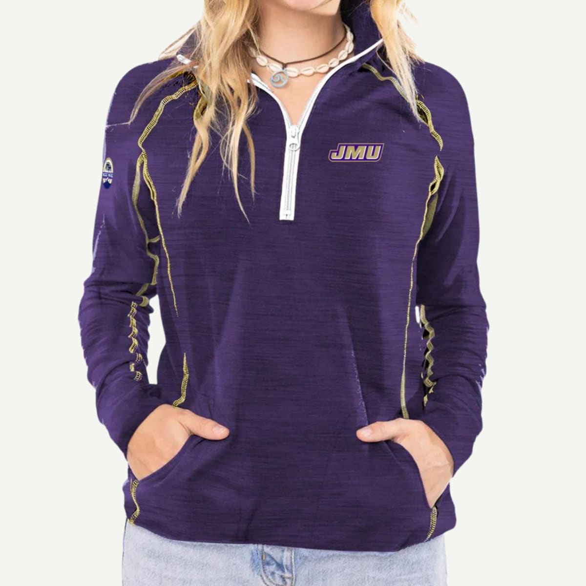 JMU Women’s Versa Sport 1/2 Zip, Recycled Polyester Blend, Sustainable Fabric, Wears Woody