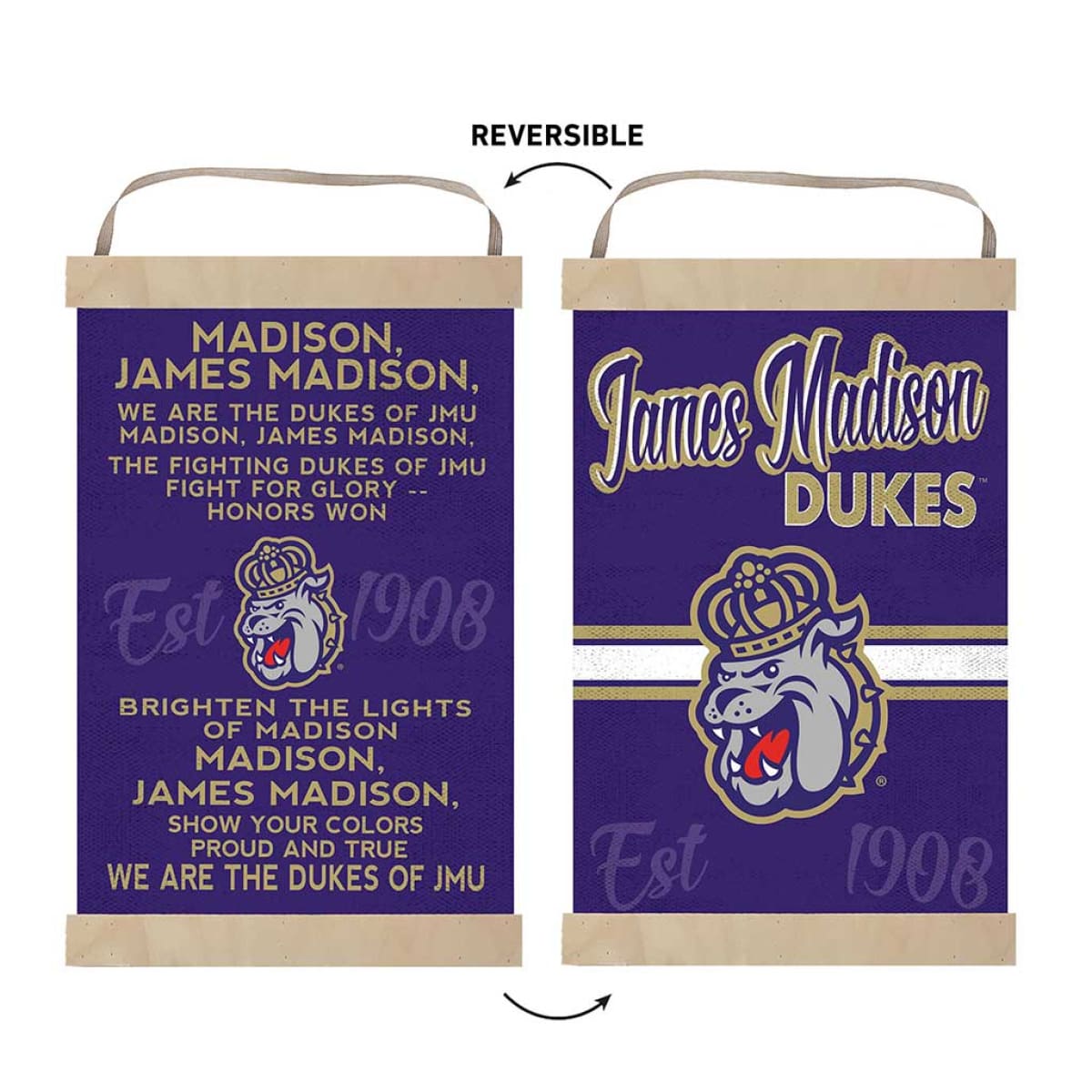 James Madison Dukes Reversible Fight Banner – Double-Sided Wall Decor with Jute Ribbon