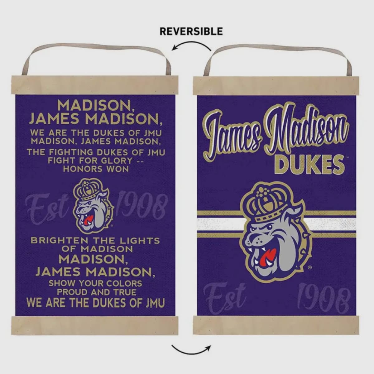 Reversible JMU Fight Song Banner with jute ribbon featuring two designs, officially licensed James Madison University decor