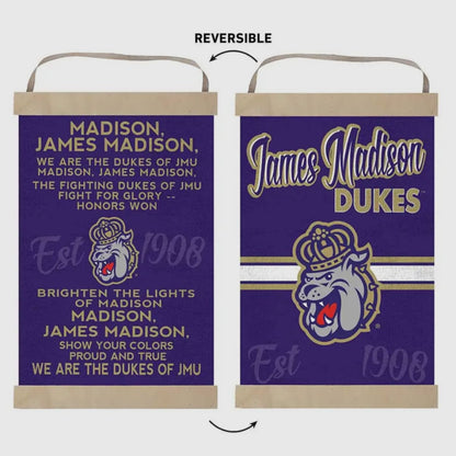 Reversible JMU Fight Song Banner with jute ribbon featuring two designs, officially licensed James Madison University decor