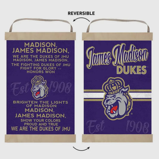 Reversible JMU Fight Song Banner with jute ribbon featuring two designs, officially licensed James Madison University decor
