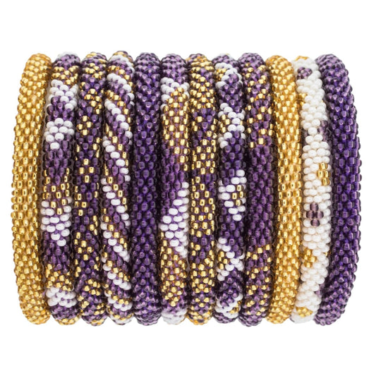 Set of 12 purple and gold beaded Roll-On® Bracelets, perfect for game day and back to school, Fair Trade certified