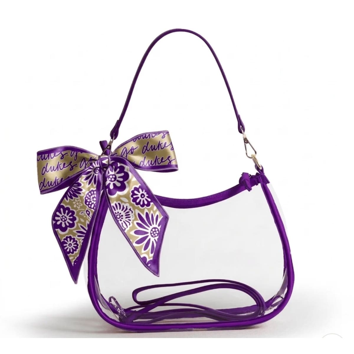 Clear handbag with a large purple bow on a white background