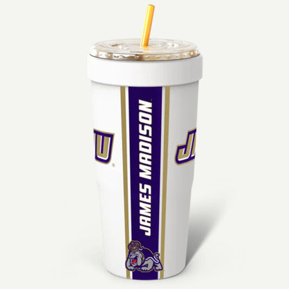 Tumbler with James Madison University branding on a white background