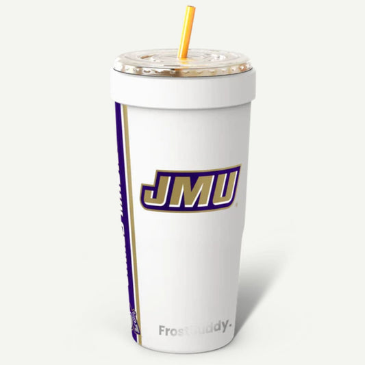 White insulated tumbler with JMU logo and FrostyDaddy branding on a white background