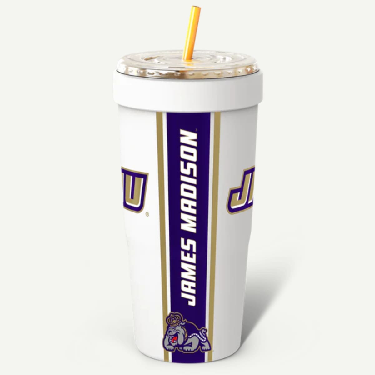 Tumbler with James Madison University branding on a white background