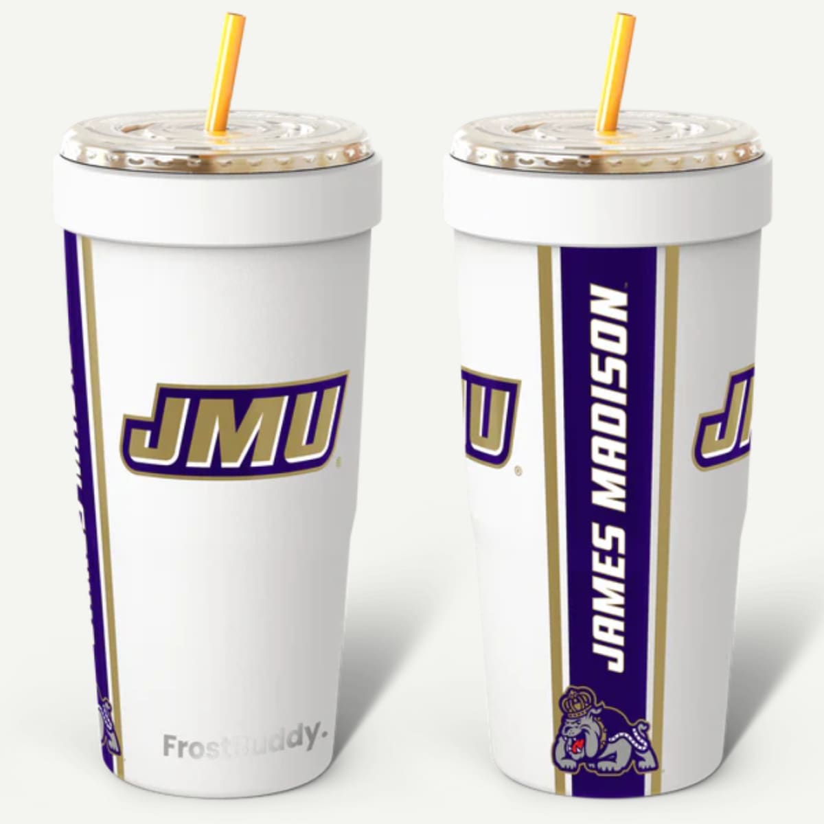Two white tumblers with JMU branding on a white background