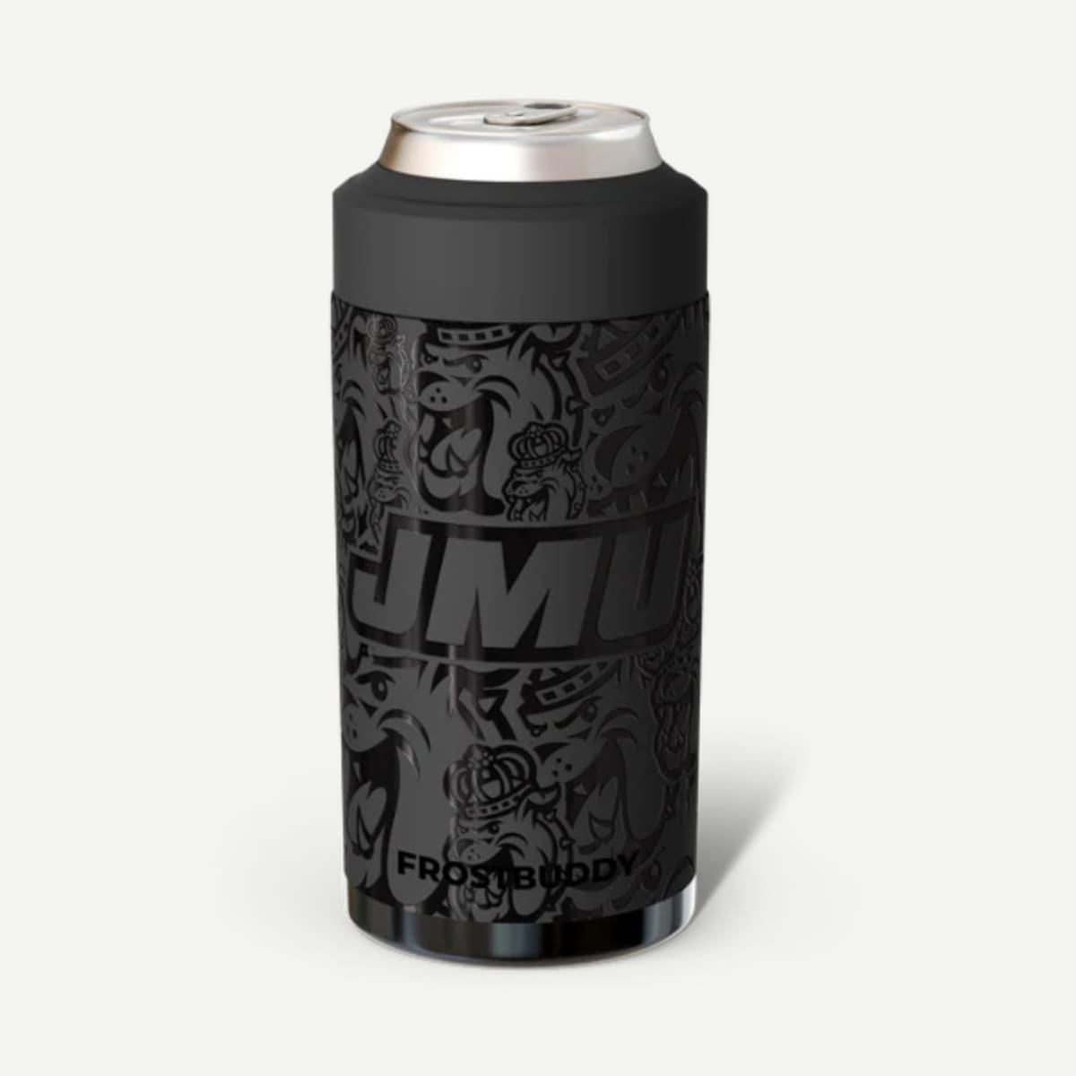 Black can cooler with brand logo on a white background