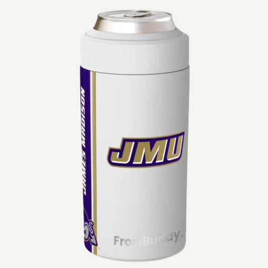 White can cooler with James Madison University logo on a white background