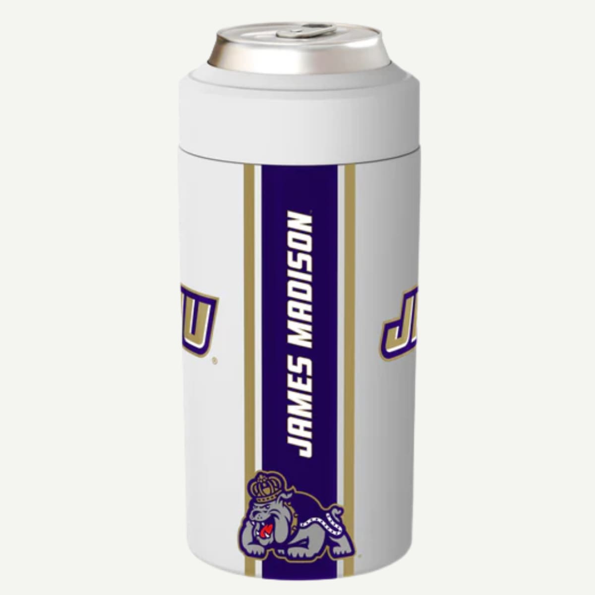 White can cooler with James Madison University logo on a white background