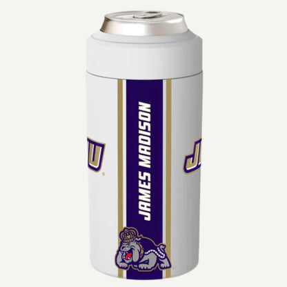 White can cooler with James Madison University logo on a white background