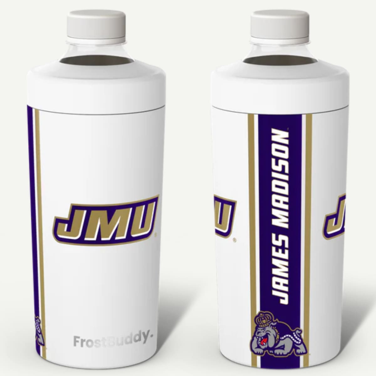 Two FrostyDuds containers with JMU branding on a white background