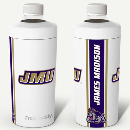Two FrostyDuds containers with JMU branding on a white background