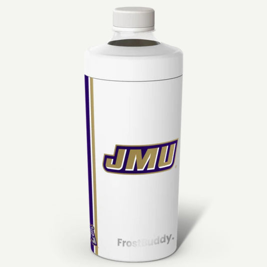 White insulated bottle with JMU logo on a white background