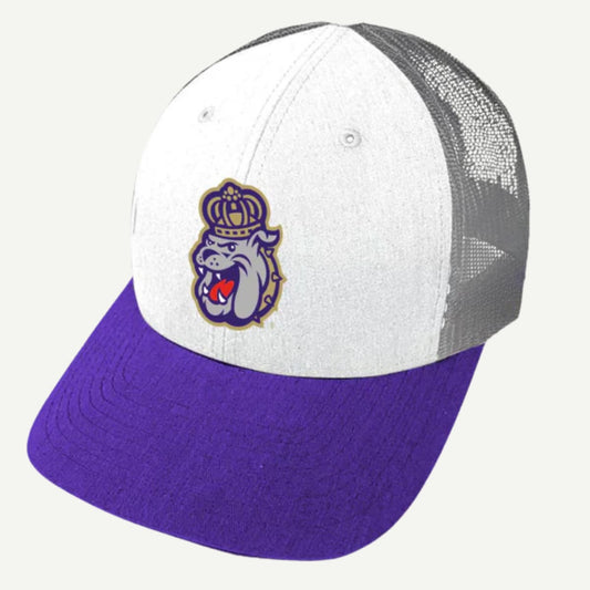 Wears Woody JMU Duke Dog Mesh Back Trucker Hat with a woven patch, unisex fit, and snapback closure.
