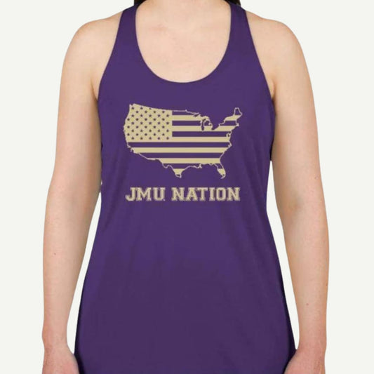 JMU Nation Women's Racer Back Tank, Moisture-Wicking Tank Top, PosiCharge Technology, Purple Nation Apparel