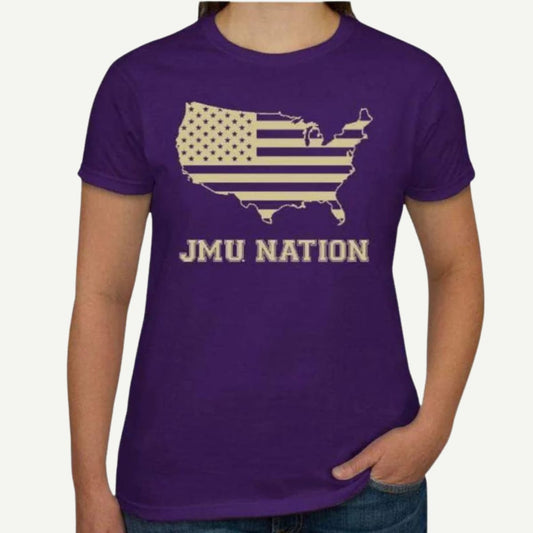 JMU Women's Short Sleeve T-Shirt, Preshrunk Cotton Shirt, JMU Nation Logo Apparel