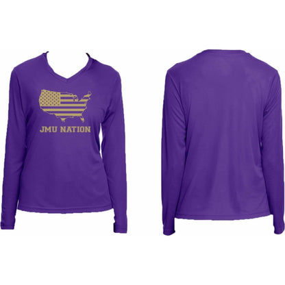 JMU NATIONS PURPLE Women’s V-Neck Performance Long Sleeve T-Shirt - Athletic