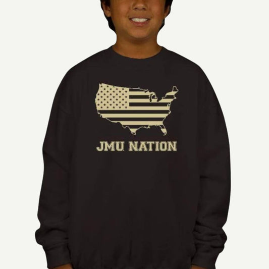 JMU NATION Youth Crew Neck Sweatshirt, 50% Cotton 50% Polyester, 8 Ounce, High-Stitch Density, 1x1 Ribbed Collar, Cuffs, Waistband with Spandex, Double-Needle Coverseaming, Seamless Body, Concealed Cuff Seam