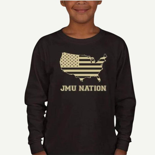 Youth JMU Nation Long Sleeve T-Shirt, Ultra Cotton, 100% Preshrunk, 6 Ounce, Taped Shoulder-to-Shoulder, Double-Needle Stitching, Ribbed Cuffs, Durable Youth Tee