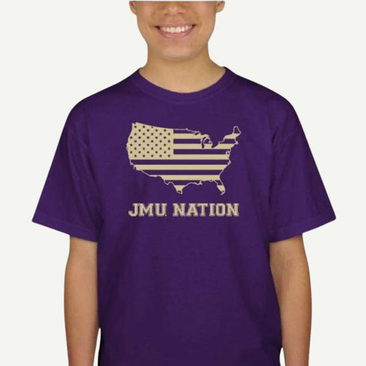 JMU NATION, Youth Short Sleeve T-Shirt, 100% Preshrunk Cotton, Ultra Cotton, 6 Ounce, Taped Shoulder-to-Shoulder, Double-Needle Stitching, Seamless Collar, Durable Youth Tee