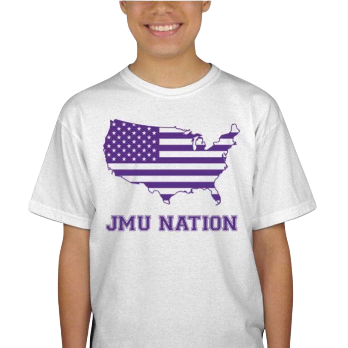 JMU NATION , Durable Youth Short Sleeve T-Shirt, 100% Preshrunk Cotton, Ultra Cotton Fabric, Taped Shoulder-to-Shoulder, Double-Needle Stitching, Seamless Collar, High-Quality Youth TeeXS / WHITE W/PURPLE LOGO